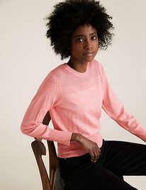 M&S Textured Crew Neck Button Detail Jumper Bubblegum Pink