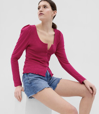 GAP Featherweight Smocked Button-Front Top Pomegranate Pink